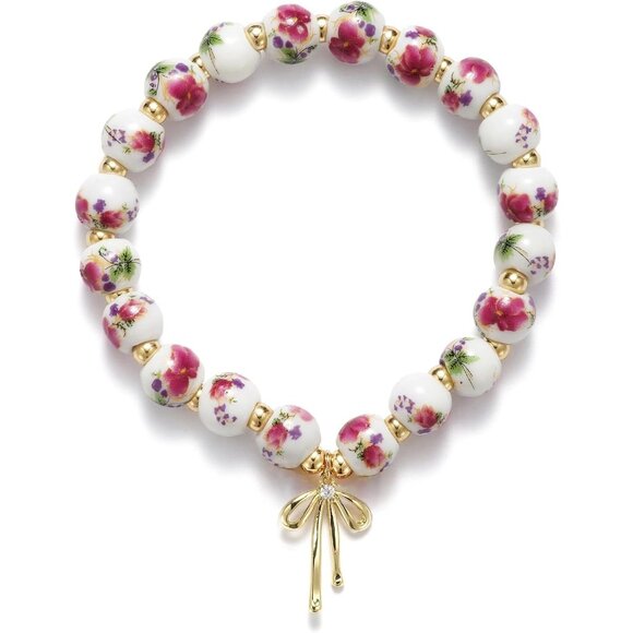 Red with Gold Flower Handmade Stretch Dainty Bead Bow Charm Bracelet for Women - Picture 1 of 2